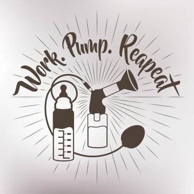 Rozeti. Elle çizilmiş tasarım yazı. Göğüs pompası ile anne sütü emzirme anne ve çocuk besleme şişe süt kaynağı artırmak için. Emzirme. Şişe bebek için. İş. Pompa. Tekrar