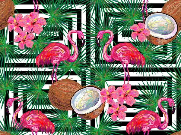 Motif jungle d'été avec flamant rose, noix de coco, feuilles de palmier et fleurs fond vectoriel. Fond floral. Parfait pour papiers peints, garnitures de motifs, arrière-plans de page Web, textures de surface, textile — Image vectorielle