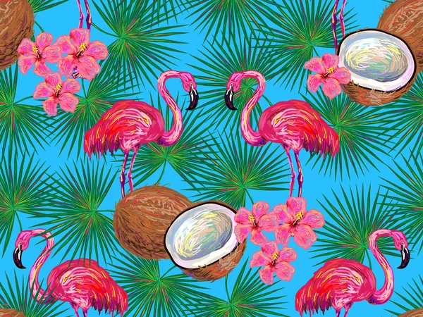 Motif jungle d'été avec flamant rose, noix de coco, feuilles de palmier et fleurs fond vectoriel. Fond floral. Parfait pour papiers peints, garnitures de motifs, arrière-plans de page Web, textures de surface, textile — Image vectorielle