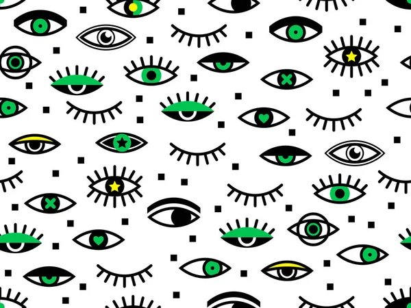 Seamless pattern with eyes. Retro texture in 80s - 90s style. Geometric eyelashes background. Hipster Memphis style for fashion. Perfect for wallpaper, pattern fill, web page, surface texture, textile — Stock Vector