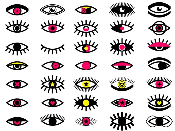 Gran conjunto de iconos de ojos estilo Memphis. Colección de 35 ojos psicodélicos. Elementos de diseño de estilo Memphis establecidos para el patrón. Colección Retro 80 para textil, tela, diseño, fondos. Estilo de moda — Vector de stock