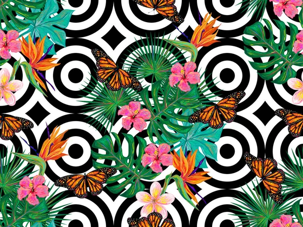 蝶。蝶、花、シームレスな夏模様の葉します。蝶とテクスチャのベクトルの背景。壁紙、パターンの塗りつぶし、web ページの背景、表面のテクスチャ、繊維に最適 — ストックベクタ