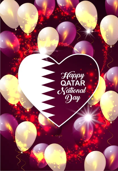 Glad Qatar nationella dag. Gratulationskort med hjärtat, ballonger och fyrverkerier. Qatars flagga färg design. Qatars nationaldag bakgrund, affisch eller en banderoll — Stock vektor