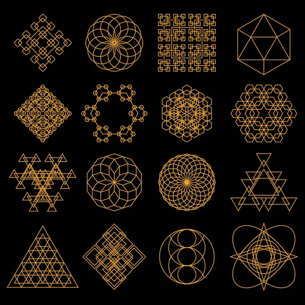 Set van geometrische tattoo iconen. Set van negen symbolen van heilige geometrie. Lineaire karakter illustratie voor tattoo zwarte achtergrond — Stockvector