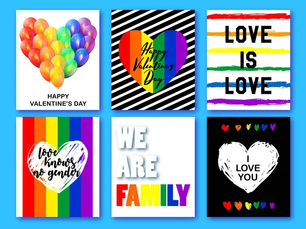 Feliz día de San Valentín. Amor. Romántica tarjeta de felicitación elemento de diseño. Bandera arco iris símbolo LGBT en el corazón. Conjunto de tarjetas de felicitación romántica de San Valentín, invitación, plantillas de diseño de póster — Vector de stock