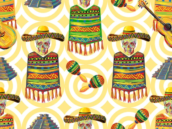 Modello musicale messicano senza cuciture con teschio, cappello sombrero, chitarra, maracas, piramide azteca, sfondo poncho. Perfetto per sfondi, riempimenti di modelli, sfondi pagina web, texture superficiali, tessile — Vettoriale Stock