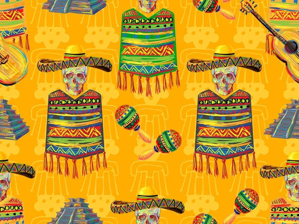 Meksika kesintisiz müzik desen kafatası, fötr şapka, gitar, marakas, Aztek Piramit, panço arka plan ile. Duvar kağıtları, desen dolgularını, web sayfası arka planlar, yüzey dokuları, tekstil için mükemmel