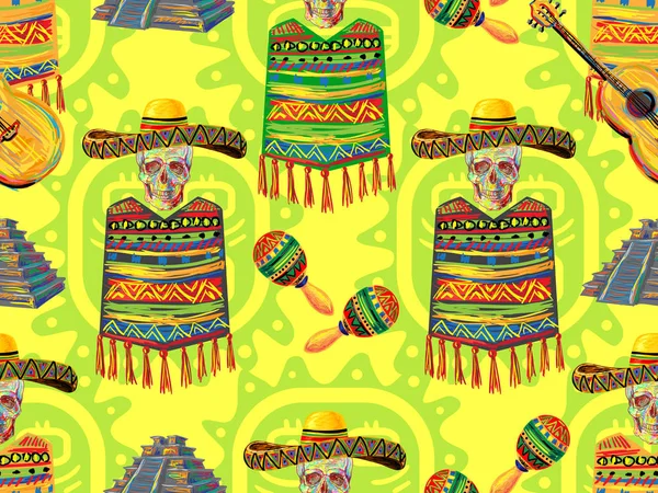 頭蓋骨、ソンブレロ帽子、ギター、マラカス、アステカのピラミッド、ポンチョ背景メキシコ音楽のシームレスなパターン。壁紙、パターンの塗りつぶし、web ページの背景、表面のテクスチャ、繊維に最適 — ストックベクタ