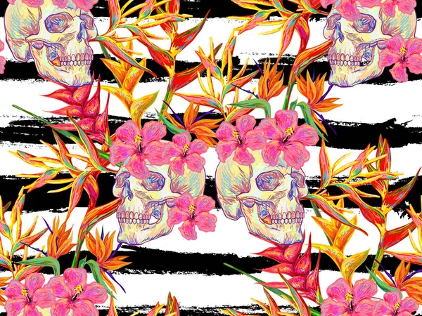 Бесшовный летний тропический узор с черепами и векторным фоном из экзотических цветов. Тропические цветы. Перфект для обоев, шаблонных наполнителей, задней части веб-страниц, текстур поверхностей, текстиля — стоковый вектор