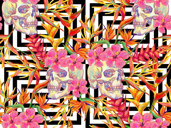 Patrón tropical de verano sin costuras con cráneos y flores exóticas vector de fondo. Flores tropicales. Perfecto para fondos de pantalla, rellenos de patrones, fondos de página web, texturas superficiales, textiles — Archivo Imágenes Vectoriales