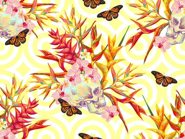 Patrón tropical de verano sin costuras con cráneos, mariposas y flores exóticas hermoso fondo. Perfecto para fondos de pantalla, rellenos de patrones, fondos de página web, texturas superficiales, textiles — Vector de stock