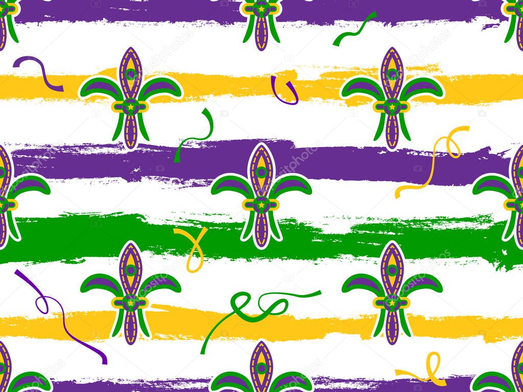 Seamless pattern for Mardi Gras. Fleur de lis. Green, purple, yellow background for celebrations with confetti perfect for wallpaper, pattern fill, web page background, textile, holiday, greeting card