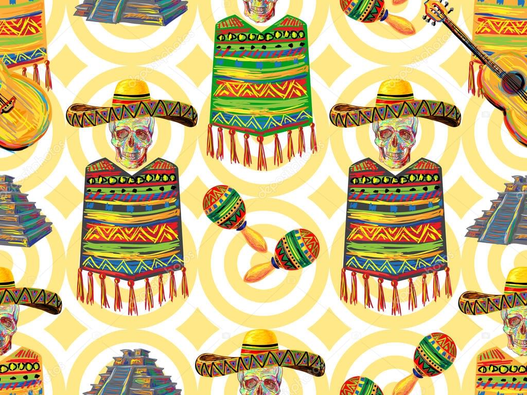 Mexican seamless music pattern with skull, sombrero hat, guitar, maracas, Aztec pyramid, poncho background. Perfect for wallpapers, pattern fills, web page backgrounds, surface textures, textile