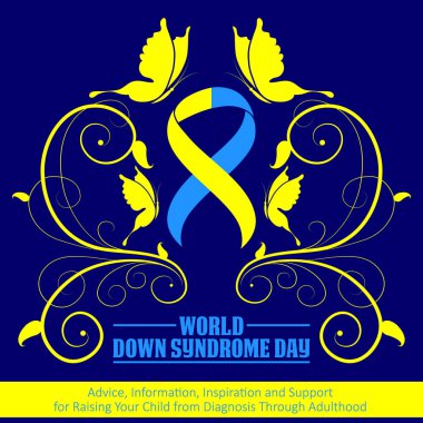 Dünya Down sendromu gün. Down sendromu sembolü. Sarı ve mavi şerit ve kelebek. Tıp vektör çizim. Sağlık