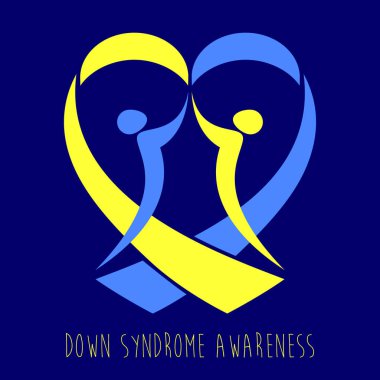Dünya Down sendromu gün. Down sendromu farkındalık sembolü. İnsanlar ve sarı ve mavi şerit kalp. Tıp vektör çizim. Sağlık