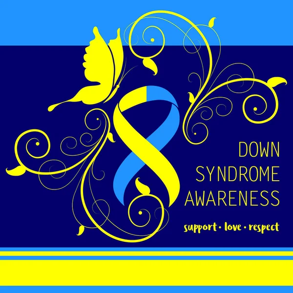 World Down Syndrome Day. Symbol of Down Syndrome. Yellow and blue ribbon and butterfly. Medical vector illustration. Health care — Stock Vector