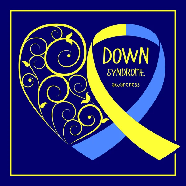 Día Mundial del Síndrome de Down. Símbolo del Síndrome de Down. Corazón de cinta amarilla y azul. Ilustración del vector médico. Asistencia sanitaria — Vector de stock