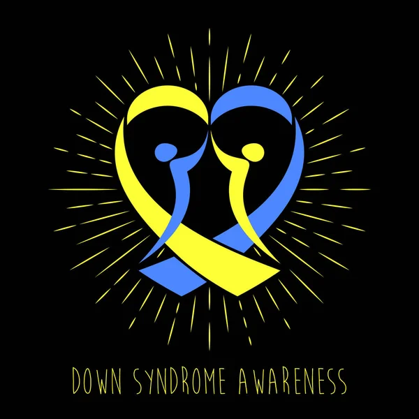 World Down Syndrome Day. Symbol of Down Syndrome Awareness. People and yellow and blue ribbon heart. Medical vector illustration. Health care — Stock Vector