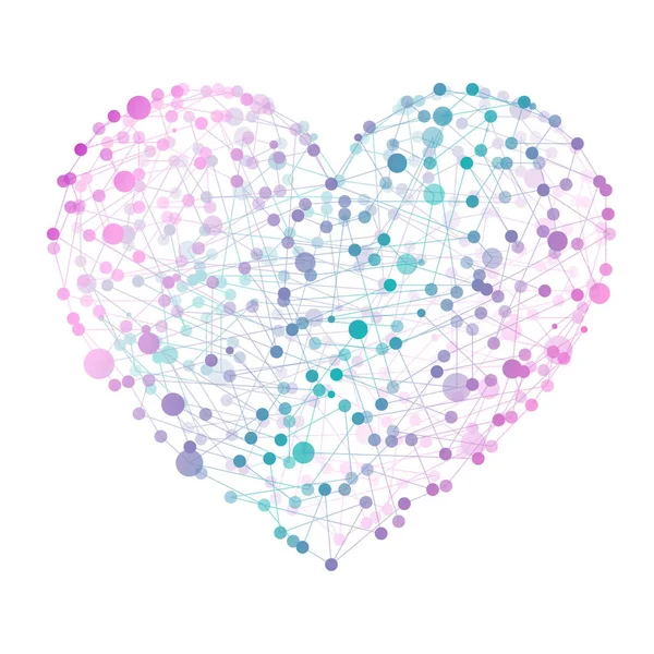 Sfondo astratto di forma molecolare del cuore. Illustrazione del cuore atomico vettore moderno. Cuore realizzato con punti collegati, triangoli sfondo chiaro — Vettoriale Stock