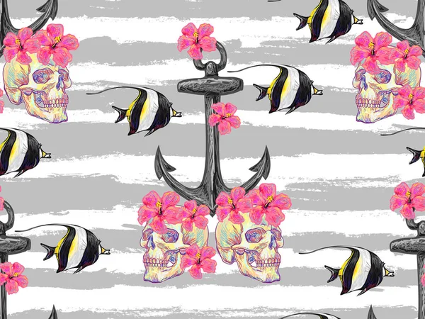 Seamless pattern with skull, flower, fish, anchor, starfish. Ocean background. Vacation, summer. Sea life texture. Perfect for wallpaper, pattern fill, web page background, surface textures, textile