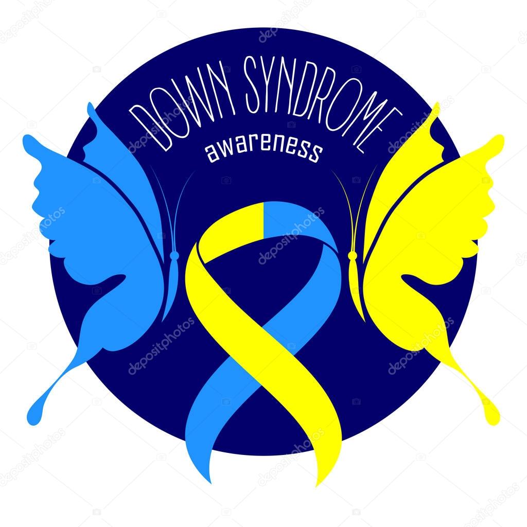 World Down Syndrome Day. Symbol of Down Syndrome. Yellow and blue ribbon and butterfly. Medical vector illustration. Health care