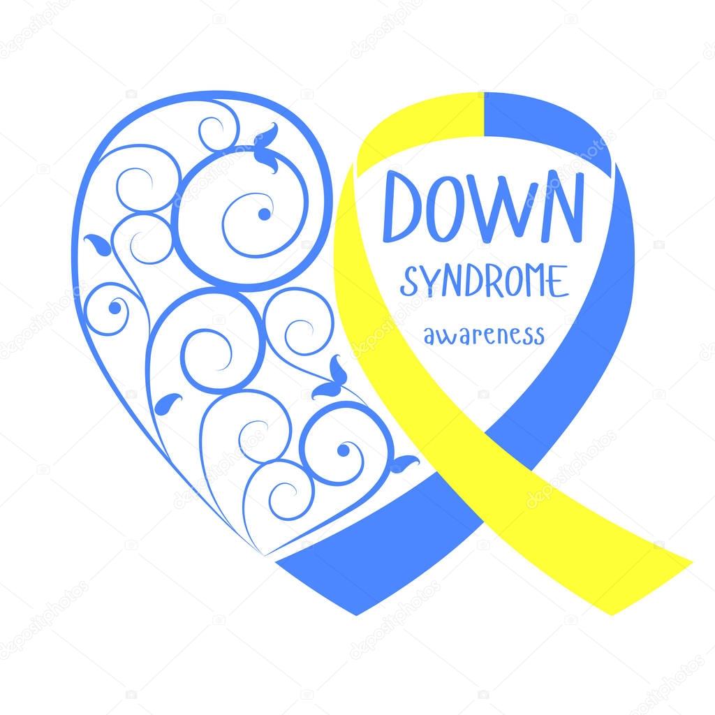 World Down Syndrome Day. Symbol of Down Syndrome. Yellow and blue ribbon heart. Medical vector illustration. Health care