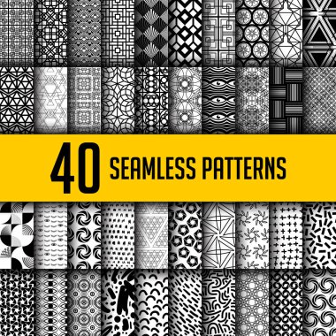 40 siyah beyaz sorunsuz soyut desenler kümesi. Tekstil baskı, moda, kağıt, doku, kumaş, kiremit, web için modern geometrik tek renkli arka plan süper büyük koleksiyonları. Vektör çizim
