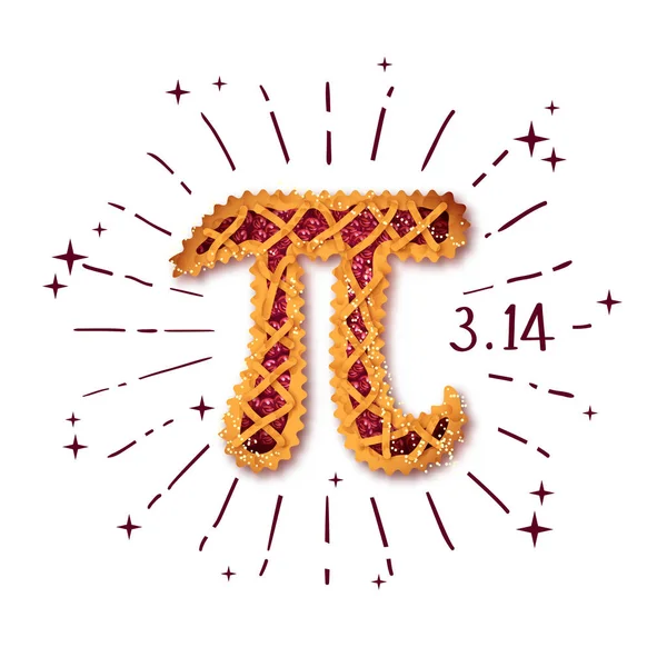 Buon Pi Day! Festeggia il Pi Day. Costante matematica. 14 marzo. 3.14. Rapporto di circonferenza di cerchi al suo diametro. Numero costante Pi. Torta di ciliegie — Vettoriale Stock