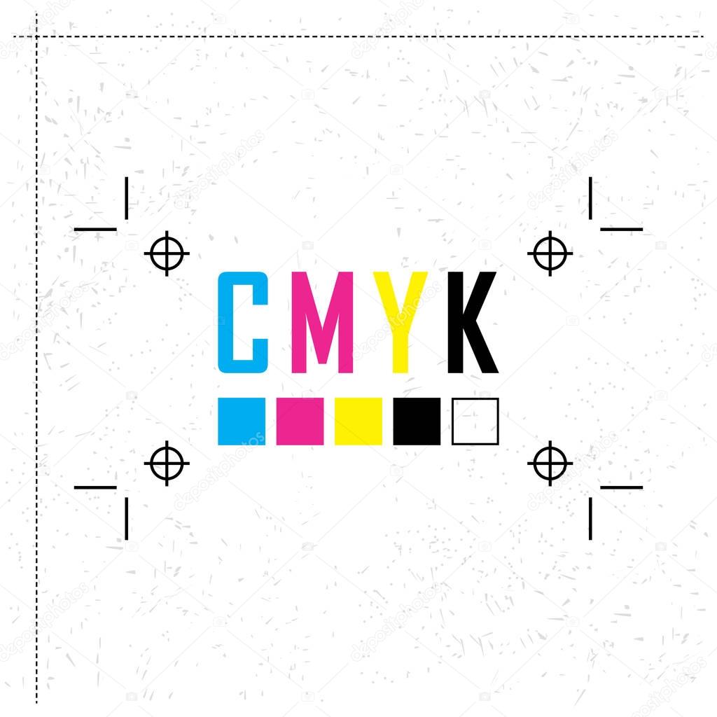 CMYK color model letter. Prepress proofing concept. Provider of printer ink and toner, letterpress printers. Keep printing!