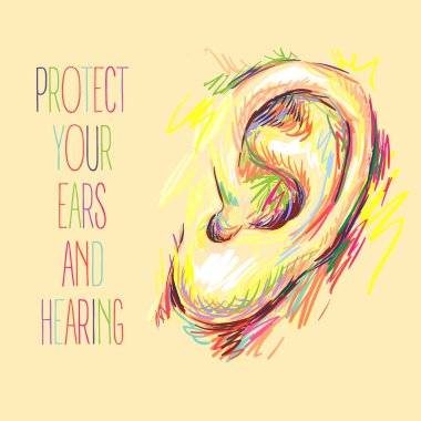 Uluslararası kulak bakım günü. Kulak kroki. Sağlık vektör çizim. Tıbbi afiş tasarımı. İşitme kaybı. Kulak ve işitme korumak. Kendine iyi bak, işitme