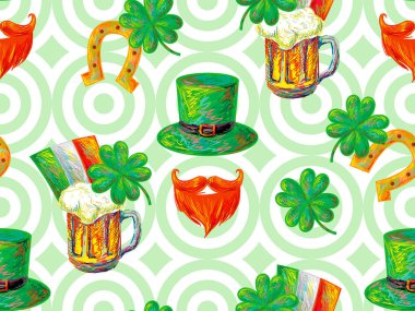 İrlandalı St. Patrick's günü parti seamless modeli ile cin sembolik yeşil şapka ve gür Kızıl Sakal, Yeşil yonca yaprağı, İrlanda bayrağı, bira bardağı ve at nalı ile. Tatil doku. Kutlama