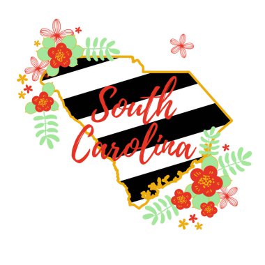 South Carolina eyalet harita yaratıcı vektör tipografi yazı ile kompozisyon çiçekler. Tasarım konsepti
