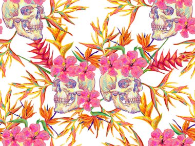 Kafatasları ve egzotik çiçekler ile sorunsuz yaz tropikal desen vektör arka plan. Tropik çiçekler. Duvar kağıtları, desen dolgularını, web sayfası arka planlar, yüzey dokuları, tekstil için mükemmel