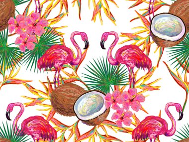Yaz orman desenle ile flamingo, Hindistan cevizi, palmiye yaprakları ve çiçekleri vektör arka plan. Çiçek arka plan. Duvar kağıtları, desen dolgularını, web sayfası arka planlar, yüzey dokuları, tekstil için mükemmel