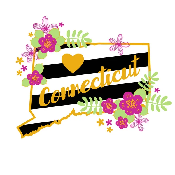 Connecticut State kaart creatieve Vector typografie belettering samenstelling met bloemen. Design Concept — Stockvector