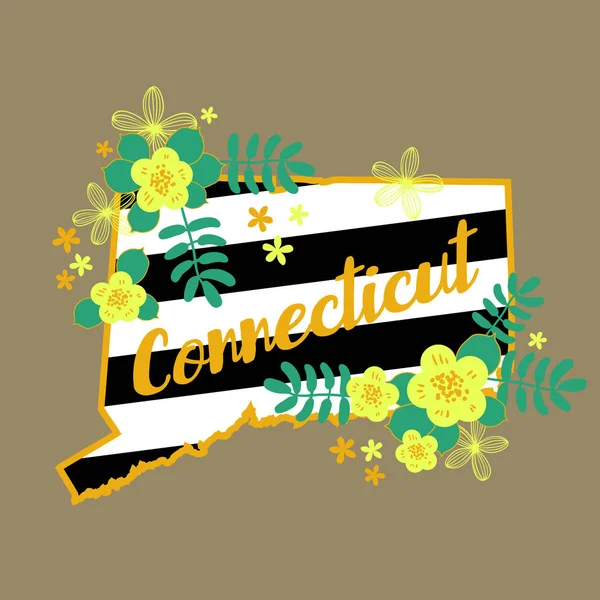 Connecticut State Map Creative Vector Typography Lettering Composition with flowers. Concepto de diseño — Vector de stock