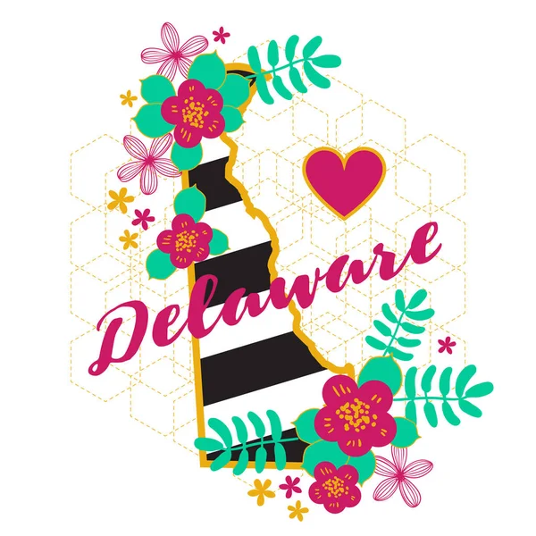 Delaware stát mapa kreativní vektorové typografie nápis složení s květinami. Koncepce designu — Stockový vektor