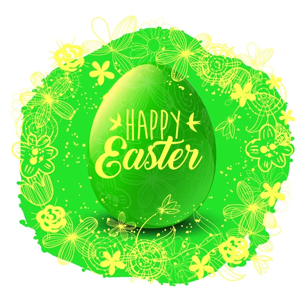 复活节快乐。绿色的彩蛋，花。与鸟的刻字。节日背景的设计。矢量图 — 图库矢量图片