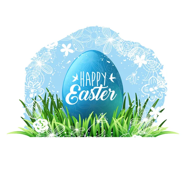 Happy Easter. Green grass and blue egg, blue spring sky, flowers. Lettering with birds. Holiday background for design. Vector illustration — Stock Vector