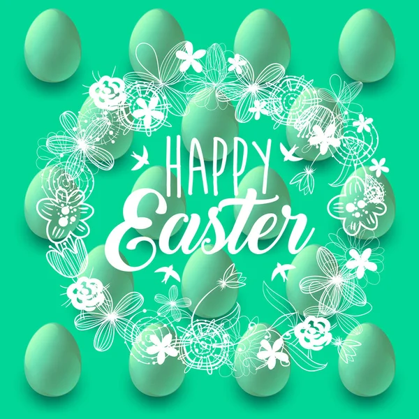 Feliz Pascua. Huevo 3D. Fondo de primavera verde con huevos, flores, fondo de aves. Celebración. Ilustración vectorial — Archivo Imágenes Vectoriales