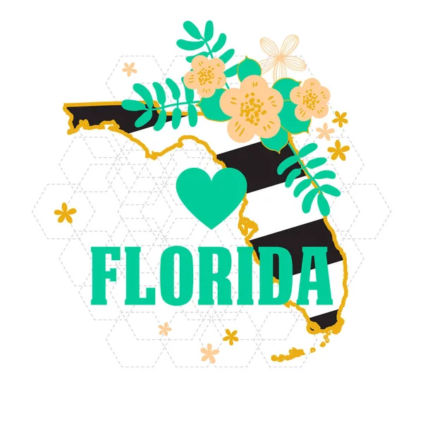 Florida státu mapa kreativní vektorové typografie nápis složení s květinami. Koncepce designu — Stockový vektor