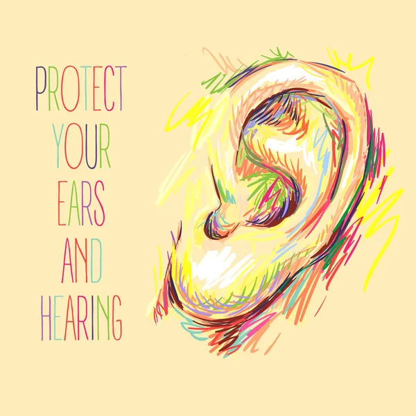 Journée internationale de la protection des oreilles. Croquis de l'oreille. Illustration vectorielle des soins. Conception d'affiches médicales. Perte auditive. Protégez vos oreilles et vos oreilles. Prenez soin de votre ouïe — Image vectorielle