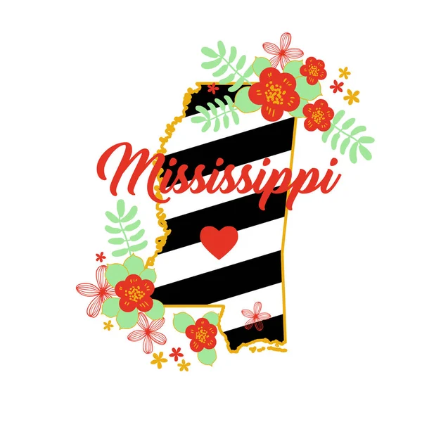 Mississippi State harita yaratıcı vektör tipografi yazı ile kompozisyon çiçekler. Tasarım konsepti — Stok Vektör
