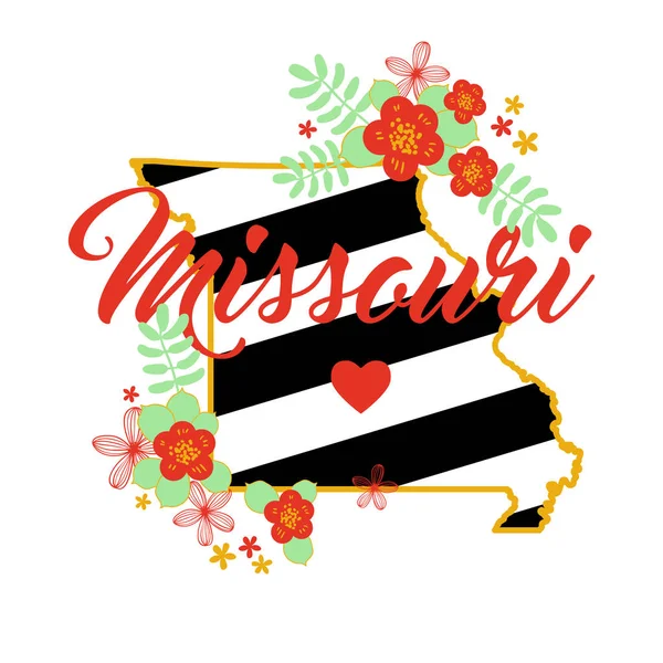 Missouri State Map Creative Vector Tipografia Lettering Composizione con fiori. Concetto di progettazione — Vettoriale Stock