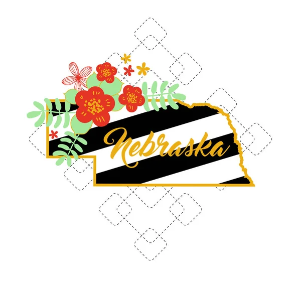 Nebraska State Map Creative Vector Typography Lettering Composition with flowers. Concepto de diseño — Vector de stock