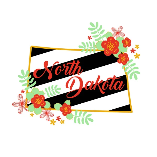 North Dakota State Map Creative Vector Typography Lettering Composition with flowers. Concepto de diseño — Archivo Imágenes Vectoriales