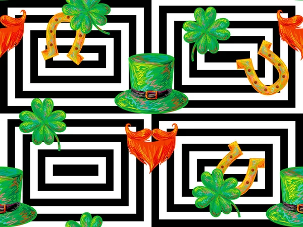 아일랜드 성 패 트 릭의 날 파티 완벽 한 패턴 상징 녹색 모자와 빨간 수염 덥 수 룩 한, 녹색 클로버 리프와 말굽 요정으로. 휴일 텍스처입니다. 축 하 디자인 — 스톡 벡터