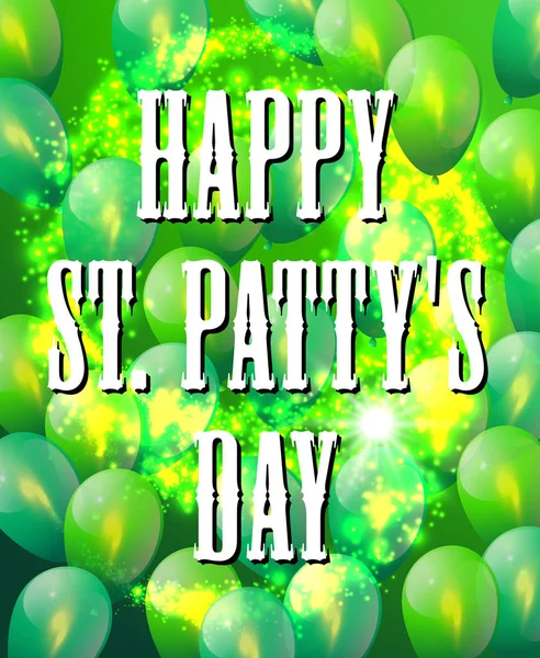 快乐圣帕特里克的天旗帜与绿色光泽的气球。帕特里克的节日卡。矢量图。聚会请柬概念在传统颜色与文本 — 图库矢量图片