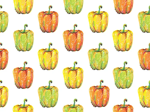 Pimienta dulce. Patrón sin costuras con fondo vectorial de pimientos amarillos, rojos y verdes. Perfecto para fondos de pantalla, rellenos de patrones, fondos de página web, texturas superficiales, textiles — Archivo Imágenes Vectoriales