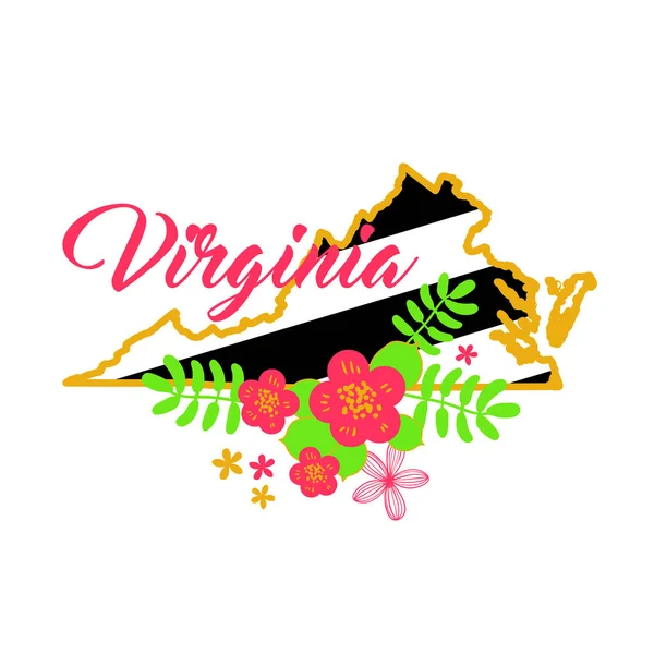 Virginia State Map Creative Vector Typographie Lettrage Composition avec des fleurs. Concept de conception — Image vectorielle